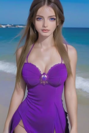Highly detailed, High Quality. Masterpiece beautifull, beautifull girl. body complete ,big breasts ,long hair , Big breasts, beautifull face,purple dress, body complete,bikini,beach,blue eyes
