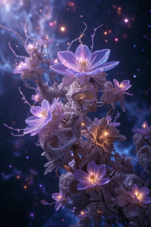 In the silent, weightless void of deep space, a delicate network of bleached bones drifts, their forms intertwined with glowing cosmic flowers. Each skeletal structure—ribs, spines, and skulls—serves as a cradle for these ethereal blossoms, whose petals shimmer with the hues of distant nebulas: violet, cerulean, and soft gold. The flowers pulse with a gentle bioluminescent glow, as if fed by the light of ancient stars. Some petals unfurl slowly, releasing glittering stardust that floats freely, creating a trail of cosmic dust that spirals into the darkness.

Surrounding the bones, nebulas drift like slow-moving clouds, bathing the scene in soft, dreamlike hues. Tendrils of light wrap around the skeletal remains, forming surreal patterns that blur the line between life and decay. The flowers bloom endlessly, indifferent to the void, their roots entangling with bones in a dance of rebirth and beauty. The atmosphere is serene and haunting, as if the universe itself is nurturing the forgotten remains into something exquisitely new. A cosmic symphony of death and life, blooming in the eternal night of space, ((8K ultra-detailed, surreal and photorealistic with painterly undertones, cinematic lighting)), Soft ambient light from nebulas, glowing bioluminescent flowers casting subtle reflections on the bleached bones, Deep violets, radiant blues, celestial golds, and soft lavender accents with a slight iridescent shimmer, Floating stardust and glowing particles drifting in zero gravity, tendrils of light intertwining bones and flowers.