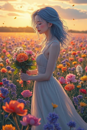 In the heart of a vast, colorful flower field, a woman with soft, pastel blue hair stands gracefully, carefully selecting flowers to create a bouquet. She delicately holds a mix of vibrant blooms—roses, daisies, peonies, and lavender—each petal radiating with life under the golden glow of the sun. The light of the late afternoon bathes her in soft, warm hues, casting intricate shadows on her flowing dress, which sways gently in harmony with the breeze. Her expression is serene and filled with quiet joy, reflecting a deep appreciation and love for nature.
Every detail of her form is captured with sharp, refined lines in Akira and Hirō styles, emphasizing the subtle movements of her hands as she arranges the blossoms with care. The surrounding field is a breathtaking palette of colors—rich purples, vibrant yellows, delicate pinks, and deep greens—each flower basking in the sun's embrace, glowing as if touched by magic. In the background, the horizon stretches endlessly, blending into a soft gradient of warm oranges and gentle purples as the sun begins to set. Tiny particles of pollen dance in the golden light, adding a dreamlike softness to the scene. The atmosphere feels timeless, evoking the essence of peaceful simplicity, where art and nature intertwine in a fleeting yet perfect moment.