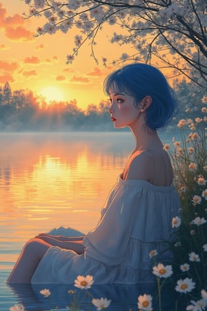 A tranquil lakeside scene at dawn, where a woman with blue hair is sitting by the edge of a calm lake, gazing at her reflection in the water. Delicate flowers float on the surface, and the soft golden light of the sunrise creates a serene glow across the landscape. The woman's peaceful expression is detailed and precise, with sharp lines and intricate features in Akira and Hirō styles, as she is surrounded by the beauty of nature. The reflection in the water adds depth to the scene, while the soft mist rising from the lake enhances the calm atmosphere. The background showcases a vibrant sunrise, blending warm hues with the stillness of the early morning.