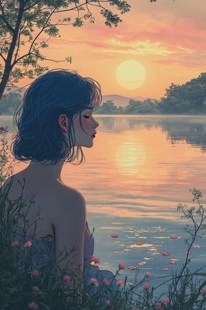 A tranquil lakeside scene at dawn, where a woman with blue hair is sitting by the edge of a calm lake, gazing at her reflection in the water. Delicate flowers float on the surface, and the soft golden light of the sunrise creates a serene glow across the landscape. The woman's peaceful expression is detailed and precise, with sharp lines and intricate features in Akira and Hirō styles, as she is surrounded by the beauty of nature. The reflection in the water adds depth to the scene, while the soft mist rising from the lake enhances the calm atmosphere. The background showcases a vibrant sunrise, blending warm hues with the stillness of the early morning.