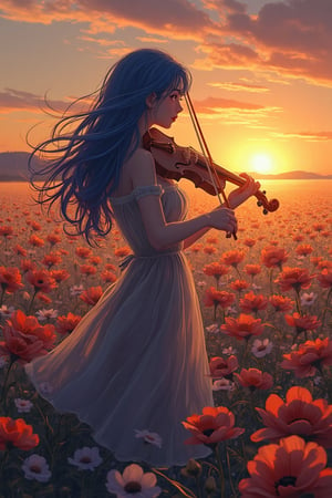 A captivating sunset scene where a woman with flowing, deep azure blue hair plays a violin with graceful precision, standing amid a sea of vibrant flowers in full bloom. The warm, amber light of the setting sun cascades over her silhouette, casting long, delicate shadows across the petals. Each note she plays seems to ripple through the air, visually represented as soft trails of light intertwining with the warm hues of the twilight. Her expression is serene and introspective, with detailed, delicate facial features highlighted by the intricate strokes of Akira and Hirō styles. The violin glimmers softly under the golden light, its strings vibrating in harmony with the soft breeze that sways the flowers gently around her feet. The field of flowers is a medley of deep reds, pastel pinks, and sun-kissed yellows, their petals catching the fading light as if glowing from within. In the distant background, a radiant sun dips below the horizon, its glow blending seamlessly into the gradient sky—transitioning from soft oranges to deep purples, creating a dreamy atmosphere. A light mist begins to form over the landscape, adding an ethereal touch, as if the music, air, and light were merging into one. The scene radiates poetic beauty and calm, a fleeting moment where art, music, and nature coexist in perfect harmony.