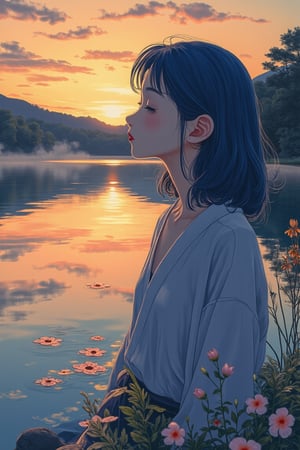 A tranquil lakeside scene at dawn, where a woman with blue hair is sitting by the edge of a calm lake, gazing at her reflection in the water. Delicate flowers float on the surface, and the soft golden light of the sunrise creates a serene glow across the landscape. The woman's peaceful expression is detailed and precise, with sharp lines and intricate features in Akira and Hirō styles, as she is surrounded by the beauty of nature. The reflection in the water adds depth to the scene, while the soft mist rising from the lake enhances the calm atmosphere. The background showcases a vibrant sunrise, blending warm hues with the stillness of the early morning.