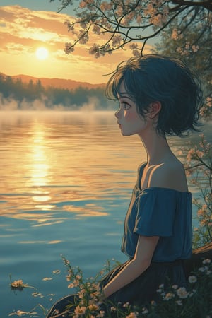 A tranquil lakeside scene at dawn, where a woman with blue hair is sitting by the edge of a calm lake, gazing at her reflection in the water. Delicate flowers float on the surface, and the soft golden light of the sunrise creates a serene glow across the landscape. The woman's peaceful expression is detailed and precise, with sharp lines and intricate features in Akira and Hirō styles, as she is surrounded by the beauty of nature. The reflection in the water adds depth to the scene, while the soft mist rising from the lake enhances the calm atmosphere. The background showcases a vibrant sunrise, blending warm hues with the stillness of the early morning.