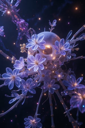 In the silent, weightless void of deep space, a delicate network of bleached bones drifts, their forms intertwined with glowing cosmic flowers. Each skeletal structure—ribs, spines, and skulls—serves as a cradle for these ethereal blossoms, whose petals shimmer with the hues of distant nebulas: violet, cerulean, and soft gold. The flowers pulse with a gentle bioluminescent glow, as if fed by the light of ancient stars. Some petals unfurl slowly, releasing glittering stardust that floats freely, creating a trail of cosmic dust that spirals into the darkness.

Surrounding the bones, nebulas drift like slow-moving clouds, bathing the scene in soft, dreamlike hues. Tendrils of light wrap around the skeletal remains, forming surreal patterns that blur the line between life and decay. The flowers bloom endlessly, indifferent to the void, their roots entangling with bones in a dance of rebirth and beauty. The atmosphere is serene and haunting, as if the universe itself is nurturing the forgotten remains into something exquisitely new. A cosmic symphony of death and life, blooming in the eternal night of space, ((8K ultra-detailed, surreal and photorealistic with painterly undertones, cinematic lighting)), Soft ambient light from nebulas, glowing bioluminescent flowers casting subtle reflections on the bleached bones, Deep violets, radiant blues, celestial golds, and soft lavender accents with a slight iridescent shimmer, Floating stardust and glowing particles drifting in zero gravity, tendrils of light intertwining bones and flowers.