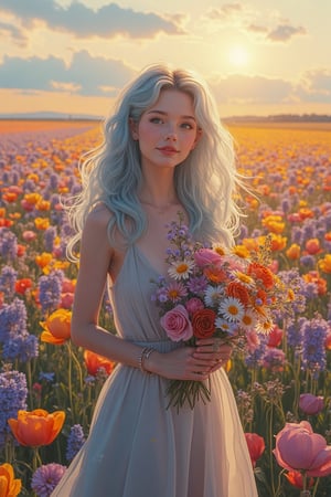 In the heart of a vast, colorful flower field, a woman with soft, pastel blue hair stands gracefully, carefully selecting flowers to create a bouquet. She delicately holds a mix of vibrant blooms—roses, daisies, peonies, and lavender—each petal radiating with life under the golden glow of the sun. The light of the late afternoon bathes her in soft, warm hues, casting intricate shadows on her flowing dress, which sways gently in harmony with the breeze. Her expression is serene and filled with quiet joy, reflecting a deep appreciation and love for nature.
Every detail of her form is captured with sharp, refined lines in Akira and Hirō styles, emphasizing the subtle movements of her hands as she arranges the blossoms with care. The surrounding field is a breathtaking palette of colors—rich purples, vibrant yellows, delicate pinks, and deep greens—each flower basking in the sun's embrace, glowing as if touched by magic. In the background, the horizon stretches endlessly, blending into a soft gradient of warm oranges and gentle purples as the sun begins to set. Tiny particles of pollen dance in the golden light, adding a dreamlike softness to the scene. The atmosphere feels timeless, evoking the essence of peaceful simplicity, where art and nature intertwine in a fleeting yet perfect moment.