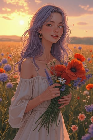 In the heart of an expansive meadow filled with wildflowers, a woman with long, wavy lavender hair carefully selects blooms to form a bouquet, her gentle touch expressing reverence for nature. Her skin has a warm, sun-kissed glow, with delicate freckles sprinkled across her face, highlighting her serene smile. The expression on her face radiates quiet joy and peace, as if each flower she gathers holds a story of beauty. Her almond-shaped eyes reflect the soft light of the setting sun, adding a subtle sparkle to her gaze. Her features suggest mixed heritage, blending Latin American and East Asian influences, giving her a unique and captivating appearance.

She wears a flowing, cream-colored dress that sways lightly with the breeze, its fabric catching the golden sunlight in soft, rippling patterns. Her bouquet is a medley of wildflowers—lavender sprigs, daisies, and vivid red poppies—each petal illuminated as if glowing from within. The Akira and Hirō styles are evident in the crisp, intricate lines that define her movements and the vibrant colors of the blooms, adding depth and vibrancy to every element of the scene.

The background is an endless expanse of meadow stretching toward the horizon, where the sky shifts from warm hues of orange and pink to cooler shades of lavender and indigo as the sun dips lower. Tiny particles of pollen and flower petals float lazily in the air, illuminated by the golden light, adding a sense of whimsy to the tranquil atmosphere. The entire scene evokes a moment of pure connection between the woman and nature—an artistic symphony of light, emotion, and serenity, captured at the perfect moment before dusk embraces the world.