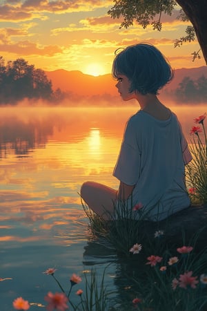 A tranquil lakeside scene at dawn, where a woman with blue hair is sitting by the edge of a calm lake, gazing at her reflection in the water. Delicate flowers float on the surface, and the soft golden light of the sunrise creates a serene glow across the landscape. The woman's peaceful expression is detailed and precise, with sharp lines and intricate features in Akira and Hirō styles, as she is surrounded by the beauty of nature. The reflection in the water adds depth to the scene, while the soft mist rising from the lake enhances the calm atmosphere. The background showcases a vibrant sunrise, blending warm hues with the stillness of the early morning.