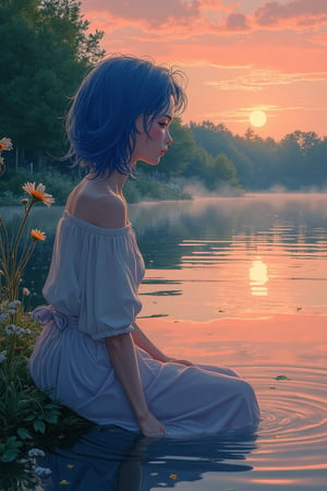 A tranquil lakeside scene at dawn, where a woman with blue hair is sitting by the edge of a calm lake, gazing at her reflection in the water. Delicate flowers float on the surface, and the soft golden light of the sunrise creates a serene glow across the landscape. The woman's peaceful expression is detailed and precise, with sharp lines and intricate features in Akira and Hirō styles, as she is surrounded by the beauty of nature. The reflection in the water adds depth to the scene, while the soft mist rising from the lake enhances the calm atmosphere. The background showcases a vibrant sunrise, blending warm hues with the stillness of the early morning.