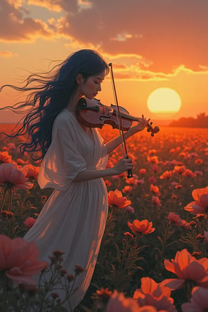 A captivating sunset scene where a woman with flowing, deep azure blue hair plays a violin with graceful precision, standing amid a sea of vibrant flowers in full bloom. The warm, amber light of the setting sun cascades over her silhouette, casting long, delicate shadows across the petals. Each note she plays seems to ripple through the air, visually represented as soft trails of light intertwining with the warm hues of the twilight. Her expression is serene and introspective, with detailed, delicate facial features highlighted by the intricate strokes of Akira and Hirō styles. The violin glimmers softly under the golden light, its strings vibrating in harmony with the soft breeze that sways the flowers gently around her feet. The field of flowers is a medley of deep reds, pastel pinks, and sun-kissed yellows, their petals catching the fading light as if glowing from within. In the distant background, a radiant sun dips below the horizon, its glow blending seamlessly into the gradient sky—transitioning from soft oranges to deep purples, creating a dreamy atmosphere. A light mist begins to form over the landscape, adding an ethereal touch, as if the music, air, and light were merging into one. The scene radiates poetic beauty and calm, a fleeting moment where art, music, and nature coexist in perfect harmony.