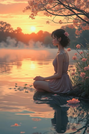 A tranquil lakeside scene at dawn, where a woman is sitting by the edge of a calm lake, gazing at her reflection in the water. Delicate flowers float on the surface, and the soft golden light of the sunrise creates a serene glow across the landscape. The woman's peaceful expression is detailed and precise, with sharp lines and intricate features in Akira and Hirō styles, as she is surrounded by the beauty of nature. The reflection in the water adds depth to the scene, while the soft mist rising from the lake enhances the calm atmosphere. The background showcases a vibrant sunrise, blending warm hues with the stillness of the early morning.