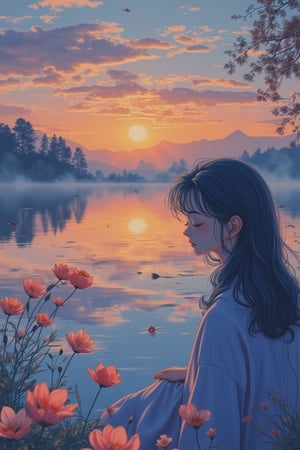 A tranquil lakeside scene at dawn, where a woman with blue hair is sitting by the edge of a calm lake, gazing at her reflection in the water. Delicate flowers float on the surface, and the soft golden light of the sunrise creates a serene glow across the landscape. The woman's peaceful expression is detailed and precise, with sharp lines and intricate features in Akira and Hirō styles, as she is surrounded by the beauty of nature. The reflection in the water adds depth to the scene, while the soft mist rising from the lake enhances the calm atmosphere. The background showcases a vibrant sunrise, blending warm hues with the stillness of the early morning.