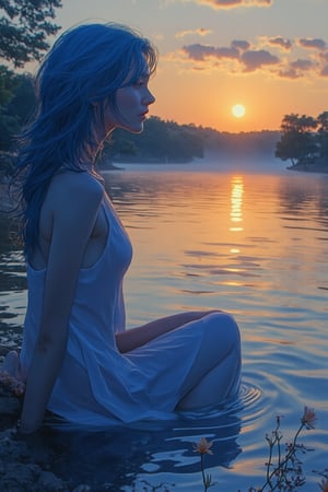 A tranquil lakeside scene at dawn, where a woman with blue hair is sitting by the edge of a calm lake, gazing at her reflection in the water. Delicate flowers float on the surface, and the soft golden light of the sunrise creates a serene glow across the landscape. The woman's peaceful expression is detailed and precise, with sharp lines and intricate features in Akira and Hirō styles, as she is surrounded by the beauty of nature. The reflection in the water adds depth to the scene, while the soft mist rising from the lake enhances the calm atmosphere. The background showcases a vibrant sunrise, blending warm hues with the stillness of the early morning.