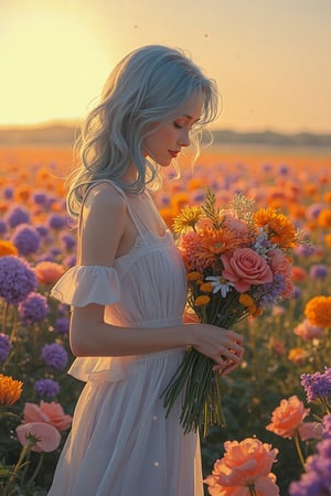 In the heart of a vast, colorful flower field, a woman with soft, pastel blue hair stands gracefully, carefully selecting flowers to create a bouquet. She delicately holds a mix of vibrant blooms—roses, daisies, peonies, and lavender—each petal radiating with life under the golden glow of the sun. The light of the late afternoon bathes her in soft, warm hues, casting intricate shadows on her flowing dress, which sways gently in harmony with the breeze. Her expression is serene and filled with quiet joy, reflecting a deep appreciation and love for nature.
Every detail of her form is captured with sharp, refined lines in Akira and Hirō styles, emphasizing the subtle movements of her hands as she arranges the blossoms with care. The surrounding field is a breathtaking palette of colors—rich purples, vibrant yellows, delicate pinks, and deep greens—each flower basking in the sun's embrace, glowing as if touched by magic. In the background, the horizon stretches endlessly, blending into a soft gradient of warm oranges and gentle purples as the sun begins to set. Tiny particles of pollen dance in the golden light, adding a dreamlike softness to the scene. The atmosphere feels timeless, evoking the essence of peaceful simplicity, where art and nature intertwine in a fleeting yet perfect moment.