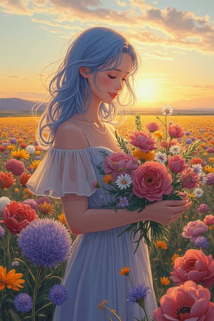 In the heart of a vast, colorful flower field, a woman with soft, pastel blue hair stands gracefully, carefully selecting flowers to create a bouquet. She delicately holds a mix of vibrant blooms—roses, daisies, peonies, and lavender—each petal radiating with life under the golden glow of the sun. The light of the late afternoon bathes her in soft, warm hues, casting intricate shadows on her flowing dress, which sways gently in harmony with the breeze. Her expression is serene and filled with quiet joy, reflecting a deep appreciation and love for nature.
Every detail of her form is captured with sharp, refined lines in Akira and Hirō styles, emphasizing the subtle movements of her hands as she arranges the blossoms with care. The surrounding field is a breathtaking palette of colors—rich purples, vibrant yellows, delicate pinks, and deep greens—each flower basking in the sun's embrace, glowing as if touched by magic. In the background, the horizon stretches endlessly, blending into a soft gradient of warm oranges and gentle purples as the sun begins to set. Tiny particles of pollen dance in the golden light, adding a dreamlike softness to the scene. The atmosphere feels timeless, evoking the essence of peaceful simplicity, where art and nature intertwine in a fleeting yet perfect moment.