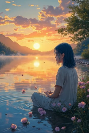 A tranquil lakeside scene at dawn, where a woman with blue hair is sitting by the edge of a calm lake, gazing at her reflection in the water. Delicate flowers float on the surface, and the soft golden light of the sunrise creates a serene glow across the landscape. The woman's peaceful expression is detailed and precise, with sharp lines and intricate features in Akira and Hirō styles, as she is surrounded by the beauty of nature. The reflection in the water adds depth to the scene, while the soft mist rising from the lake enhances the calm atmosphere. The background showcases a vibrant sunrise, blending warm hues with the stillness of the early morning.