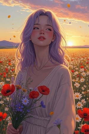 In the heart of an expansive meadow filled with wildflowers, a woman with long, wavy lavender hair carefully selects blooms to form a bouquet, her gentle touch expressing reverence for nature. Her skin has a warm, sun-kissed glow, with delicate freckles sprinkled across her face, highlighting her serene smile. The expression on her face radiates quiet joy and peace, as if each flower she gathers holds a story of beauty. Her almond-shaped eyes reflect the soft light of the setting sun, adding a subtle sparkle to her gaze. Her features suggest mixed heritage, blending Latin American and East Asian influences, giving her a unique and captivating appearance.

She wears a flowing, cream-colored dress that sways lightly with the breeze, its fabric catching the golden sunlight in soft, rippling patterns. Her bouquet is a medley of wildflowers—lavender sprigs, daisies, and vivid red poppies—each petal illuminated as if glowing from within. The Akira and Hirō styles are evident in the crisp, intricate lines that define her movements and the vibrant colors of the blooms, adding depth and vibrancy to every element of the scene.

The background is an endless expanse of meadow stretching toward the horizon, where the sky shifts from warm hues of orange and pink to cooler shades of lavender and indigo as the sun dips lower. Tiny particles of pollen and flower petals float lazily in the air, illuminated by the golden light, adding a sense of whimsy to the tranquil atmosphere. The entire scene evokes a moment of pure connection between the woman and nature—an artistic symphony of light, emotion, and serenity, captured at the perfect moment before dusk embraces the world.