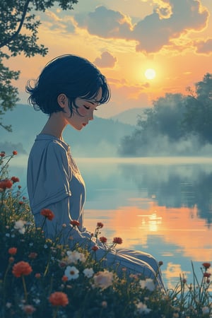 A tranquil lakeside scene at dawn, where a woman with blue hair is sitting by the edge of a calm lake, gazing at her reflection in the water. Delicate flowers float on the surface, and the soft golden light of the sunrise creates a serene glow across the landscape. The woman's peaceful expression is detailed and precise, with sharp lines and intricate features in Akira and Hirō styles, as she is surrounded by the beauty of nature. The reflection in the water adds depth to the scene, while the soft mist rising from the lake enhances the calm atmosphere. The background showcases a vibrant sunrise, blending warm hues with the stillness of the early morning.