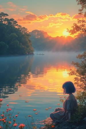 A tranquil lakeside scene at dawn, where a woman with blue hair is sitting by the edge of a calm lake, gazing at her reflection in the water. Delicate flowers float on the surface, and the soft golden light of the sunrise creates a serene glow across the landscape. The woman's peaceful expression is detailed and precise, with sharp lines and intricate features in Akira and Hirō styles, as she is surrounded by the beauty of nature. The reflection in the water adds depth to the scene, while the soft mist rising from the lake enhances the calm atmosphere. The background showcases a vibrant sunrise, blending warm hues with the stillness of the early morning.