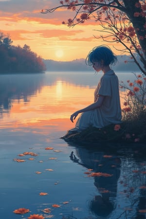 A tranquil lakeside scene at dawn, where a woman with blue hair is sitting by the edge of a calm lake, gazing at her reflection in the water. Delicate flowers float on the surface, and the soft golden light of the sunrise creates a serene glow across the landscape. The woman's peaceful expression is detailed and precise, with sharp lines and intricate features in Akira and Hirō styles, as she is surrounded by the beauty of nature. The reflection in the water adds depth to the scene, while the soft mist rising from the lake enhances the calm atmosphere. The background showcases a vibrant sunrise, blending warm hues with the stillness of the early morning.