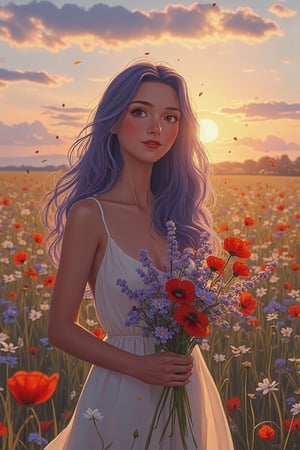 In the heart of an expansive meadow filled with wildflowers, a woman with long, wavy lavender hair carefully selects blooms to form a bouquet, her gentle touch expressing reverence for nature. Her skin has a warm, sun-kissed glow, with delicate freckles sprinkled across her face, highlighting her serene smile. The expression on her face radiates quiet joy and peace, as if each flower she gathers holds a story of beauty. Her almond-shaped eyes reflect the soft light of the setting sun, adding a subtle sparkle to her gaze. Her features suggest mixed heritage, blending Latin American and East Asian influences, giving her a unique and captivating appearance.

She wears a flowing, cream-colored dress that sways lightly with the breeze, its fabric catching the golden sunlight in soft, rippling patterns. Her bouquet is a medley of wildflowers—lavender sprigs, daisies, and vivid red poppies—each petal illuminated as if glowing from within. The Akira and Hirō styles are evident in the crisp, intricate lines that define her movements and the vibrant colors of the blooms, adding depth and vibrancy to every element of the scene.

The background is an endless expanse of meadow stretching toward the horizon, where the sky shifts from warm hues of orange and pink to cooler shades of lavender and indigo as the sun dips lower. Tiny particles of pollen and flower petals float lazily in the air, illuminated by the golden light, adding a sense of whimsy to the tranquil atmosphere. The entire scene evokes a moment of pure connection between the woman and nature—an artistic symphony of light, emotion, and serenity, captured at the perfect moment before dusk embraces the world.