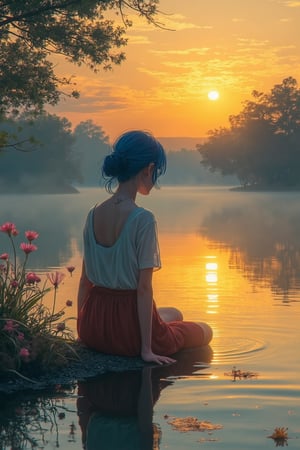 A tranquil lakeside scene at dawn, where a woman with blue hair is sitting by the edge of a calm lake, gazing at her reflection in the water. Delicate flowers float on the surface, and the soft golden light of the sunrise creates a serene glow across the landscape. The woman's peaceful expression is detailed and precise, with sharp lines and intricate features in Akira and Hirō styles, as she is surrounded by the beauty of nature. The reflection in the water adds depth to the scene, while the soft mist rising from the lake enhances the calm atmosphere. The background showcases a vibrant sunrise, blending warm hues with the stillness of the early morning.