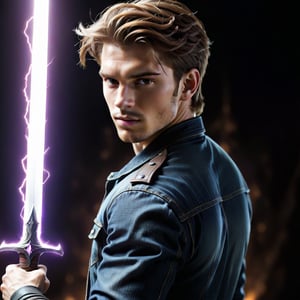 A dynamic close-up of a young man with fair skin and stylish brown hair, clad in a black shirt and jeans jacket. He is mid-combat, wielding a glowing sword that crackles with white and purple electricity. The scene is lit by the sword's vibrant glow, highlighting the intensity of the fight. The composition captures the energy and motion, emphasizing the sword's electrifying effects against a dark, dramatic background.