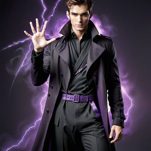 A man with fair skin and brown hair, dressed in long black trench coat and black top and pants. He is extending one hand forward that crackles with dark energy, and holding a staff that crackled with purple bolts. His eyes are lined with black eyeliner contrasting his pale face. He is glowing with purple menacing aura, radiating with villainous energy. 