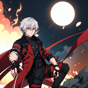 masterpiece, highest quality, so beautiful,highly definited,(medium long shot),solo, looking at viewer, short hair, left eye red, right eye silver, 1boy, hair between eyes, jewelry, closed mouth, jacket, white hair, male focus, earrings, belt, pants,black fingerless gloves, torn clothes, thigh strap, turtleneck, black pants, red jacket, holster,claw scar on left eye,