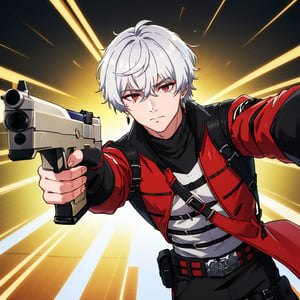 masterpiece, highest quality, so beautiful,highly definited,(medium long shot),solo, looking at viewer, short hair, left eye red, right eye silver, 1boy, hair between eyes, jewelry, closed mouth, jacket, white hair, male focus, earrings, belt, pants,black fingerless gloves, torn clothes, thigh strap, turtleneck, black pants, red jacket, holster,claw scar on left eye,aiming a pistol,glock 17,