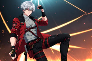 masterpiece, highest quality, so beautiful,highly definited,solo, looking at viewer, short hair, left eye red, right eye silver, gloves, 1boy, hair between eyes, jewelry, closed mouth, jacket, white hair, male focus, earrings, shoes, black gloves, belt, pants, fingerless gloves, torn clothes, thigh strap, turtleneck, black pants, red jacket, holster,claw scar on left eye,