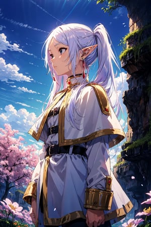 masterpiece,best quality,1girl,frieren,long hair,pointy ears,twintails,parted bangs,elf,jewelry,earrings,capelet,white capelet,long sleeves,dress,belt,flower,expressionless,standing,looking afar,cliff,wind,from side,cowboy shot