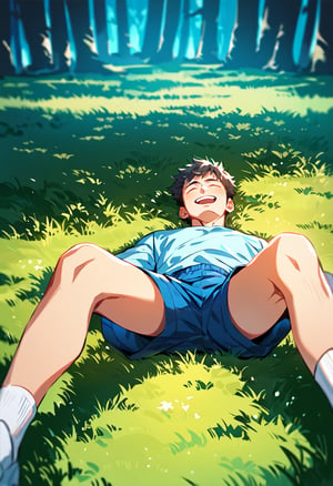 score_9, score_8_up, score_7_up, score_6_up, masterpiece, best quality, best aesthetics, perfect anatomy, perfect proportions, high resolution, good colors, good shading, countershading, well detailed background, BREAK, rating explicit, 1boy, lying on grassy ,arms stretched, short-sleeved blue shirt, dark blue shorts,white socks, face up, excited. extended legs, happy