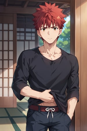 score_9,score_8_up,score_7_up,score_6_up,score_5_up,score_4_up,source_anime, masterpiece, best quality, perfect anatomy, BREAK,1boy, focus male, solo,emiya_shirou,red hair,spiked hair,brown eyes, collarbone, mature_male,japanese house, pants,shirt, teenager, looking_at_viewer