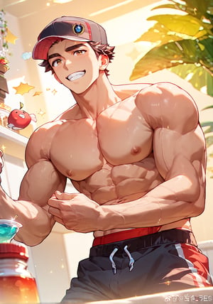 score_9, score_8_up, score_7_up,solo,1boy,male focus,male, indoor,best quality, amazing quality, best aesthetic, year 2023, fullbody,red underwear,Muscular Male,Pectorals, red_neo_champion, dark brown hair, brown eyes, hat, expressive, hot