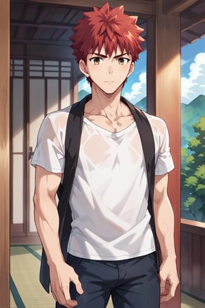 score_9,score_8_up,score_7_up,score_6_up,score_5_up,score_4_up,source_anime, masterpiece, best quality, perfect anatomy, BREAK,1boy, focus male, solo,emiya_shirou,red hair,spiked hair,brown eyes, collarbone, mature_male,japanese house, pants,shirt, teenager, looking_at_viewer