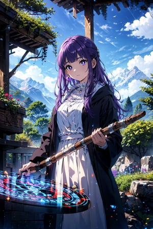 masterpiece, (ultra detailed background:1.3), delicate pattern, intricate detail, highly detailed, fine details, best quality, studio lighting, front lighting, 4K, 8K, absurdres, perfect anatomy, cowboy shot, look forward, very long hair, purple hair, purple eyes, (purple pupils), (white dress:1.3), (black robe:1.2), wood staff, holding staff, (glowing magic circle:1.3), (blue magic circle:1.3), (transparent magic circle:1.3), (magic circles surrounded:1.2), (outdoors:1.3), bright environment, Alps, sunny, blue sky, rocks, open field,