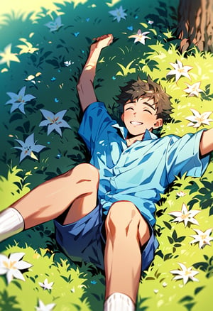 score_9, score_8_up, score_7_up, score_6_up, masterpiece, best quality, best aesthetics, perfect anatomy, perfect proportions, high resolution, good colors, good shading, countershading, well detailed background, BREAK, rating explicit, 1boy, lying on grassy ,arms stretched, short-sleeved blue shirt, dark blue shorts,white socks, face up, excited. extended legs, happy