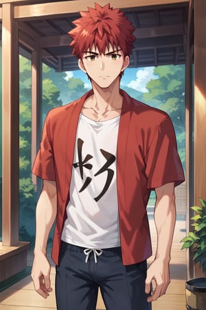 score_9,score_8_up,score_7_up,score_6_up,score_5_up,score_4_up,source_anime, masterpiece, best quality, perfect anatomy, BREAK,1boy, focus male, solo,emiya_shirou,red hair,spiked hair,brown eyes, collarbone, mature_male,japanese house, pants,shirt, teenager, looking_at_viewer