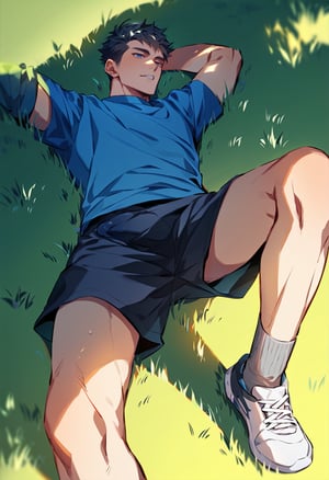 score_9, score_8_up, score_7_up, score_6_up, rating explicit, a man is lying on a grassy field, his arms stretched out to his sides. He is wearing a short-sleeved blue shirt, dark blue shorts, and a pair of gray socks. His socks have gray stripes on them, adding a pop of color to the scene. The background is blurred, suggesting a sports field.