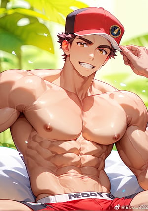 score_9, score_8_up, score_7_up,solo,1boy,male focus,male, abs exposed, indoor,best quality, amazing quality, best aesthetic, year 2023, fullbody, tight red underwear,Muscular Male,Pectorals,Large Pectorals, red_neo_champion, dark brown hair, brown eyes, hat, expressive, hot