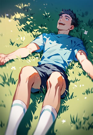 score_9, score_8_up, score_7_up, score_6_up, rating explicit, 1boy, lying on grassy ,arms stretched, short-sleeved blue shirt, dark blue shorts,white socks, face up, excited. extended legs