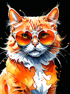 Cat, sunglasses, orange lenses, high definition, high quality, 2D, no body, sun, ink painting, splash ink, Miami style, watercolor style, no humans, no extra glasses, European and American comic style