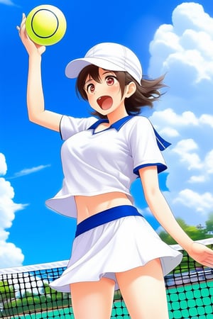 1girl, ball, blue sky, cloud, cloudy sky, cowboy shot, looking at viewer, looking to the side, open mouth, outdoors, playing sports, racket, shirt, short sleeves, skirt, sky, solo, sportswear, tennis ball, tennis racket, tennis uniform, thighs, white hat, white shirt, white skirt, white sleeves