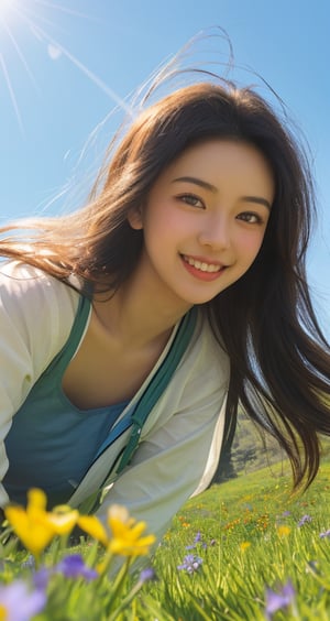 A young girl with a radiant smile, her eyes shining bright, the lush green grassland. Framed against a brilliant blue sky, the scene is set with warm sunlight casting a gentle glow on the rolling hills and wildflowers swaying in the breeze. detailed face,