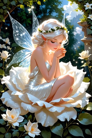 An ultra high quality award-winning Masterpiece. The little fairy sleeps on a big white rose. Her wings tremble slightly from the gentle breeze that whispers sweet tales to her. A small flower is nestled in her hair, as if wanting to adorn her even more. Silence reigns around, only the birds singing and the rustling of leaves disturb this idyll. The fairy looks so calm and innocent, as if nature itself protects her from any harm. Her face expresses such peace, as if she sees the most beautiful dreams. At this moment, the world seems so soft and kind, as if every element of nature is woven from magic. The sleeping fairy on the white rose reminds us that there is a place for wonders and magic in this world, even in the most delicate moments.