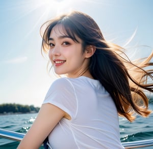 (Front view), (A cute 18-year-old girl is on a cruiser on the water, her supple silver hair blowing in the wind), gazing at the horizon with a captivating profile and narrowed eyes. A gentle smile, high bangs, a gentle smile. Her large, well-shaped eyes shine with highlights, her gently shaped eyebrows, round nose, plump cheeks and lips, and her skin shines with a delicate touch on a summer day. The sunlight shines on her white skin, revealing the swimsuit she is wearing under her T-shirt, and her lively expression gives off a magical presence.