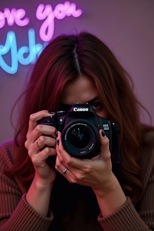 A warm sepia-toned overlay captures the nostalgic and timeless essence of the scene. The subject is a person with chestnut hair, holding a Canon EOS 200D DSLR camera, poised to take a photograph. The camera's black body contrasts with the warm tones of the hair and the soft, neutral background. The person's hands, with manicured nails painted in a dark shade, are steady and skilled, suggesting a familiarity and passion for photography. A blurred background isolates the subject, focusing the viewer's attention on the anticipation of the shot to come. Soft, diffused lighting casts gentle shadows that contour the subject's features and the camera, adding depth and dimension to the image. Neon lights in purple and blue create a dynamic backdrop, introducing an unexpected splash of color to the otherwise warm scene. This touch of modernity adds a layer of contrast, emphasizing the subject’s quiet concentration, the thrill of the capture, and the beauty of the everyday. The neon glow subtly interacts with the sepia tones, casting colorful reflections and enhancing the depth and mood of the scene.