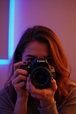 A warm sepia-toned overlay captures the nostalgic and timeless essence of the scene. The subject is a person with chestnut hair, holding a Canon EOS 200D DSLR camera, poised to take a photograph. The camera's black body contrasts with the warm tones of the hair and the soft, neutral background. The person's hands, with manicured nails painted in a dark shade, are steady and skilled, suggesting a familiarity and passion for photography. A blurred background isolates the subject, focusing the viewer's attention on the anticipation of the shot to come. Soft, diffused lighting casts gentle shadows that contour the subject's features and the camera, adding depth and dimension to the image. Neon lights in purple and blue create a dynamic backdrop, introducing an unexpected splash of color to the otherwise warm scene. This touch of modernity adds a layer of contrast, emphasizing the subject’s quiet concentration, the thrill of the capture, and the beauty of the everyday. The neon glow subtly interacts with the sepia tones, casting colorful reflections and enhancing the depth and mood of the scene.