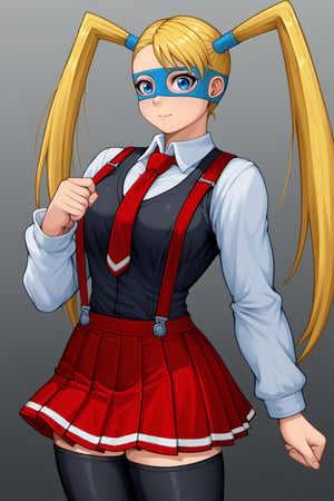 streetfighter,CLOTHING_BibleBlack_SchoolDress_ownwaifu,red necktie, necktie, zettai ryouiki, pleated skirt, long sleeves, black thighhighs, suspenders, collared shirt, black vest, white shirt, red skirt, 2D,anime,1girls,1girl,solo_female,rainbow mika